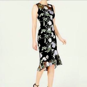 Calvin Klein Womens Black Floral Embroidered Flounce Dress